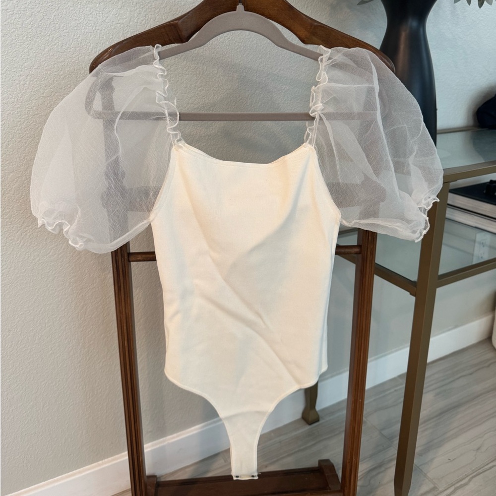 Astr Ivory Bodysuit with Sheer Sleeves